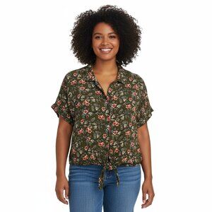 Lily Morgan Green Floral Button-Down Shirt Tie Front Sz L